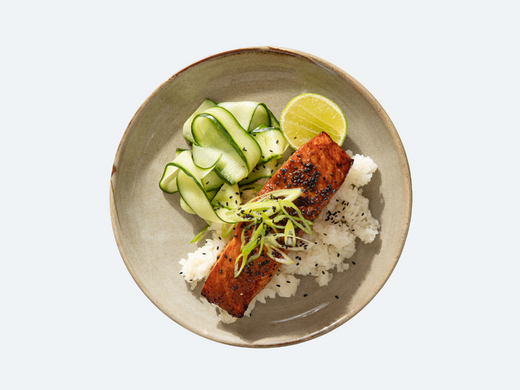 Miso-glazed Loch Duart Salmon with Sushi Rice and Pickled Cucumber